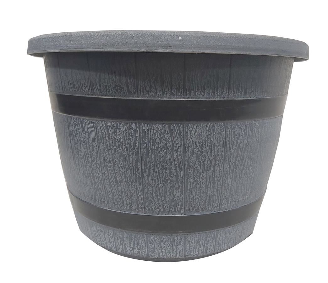 Maceta texturada tipo barril 40x28cm gris con negro