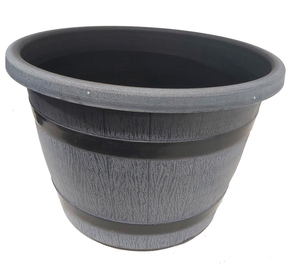 Maceta texturada tipo barril 40x28cm gris con negro