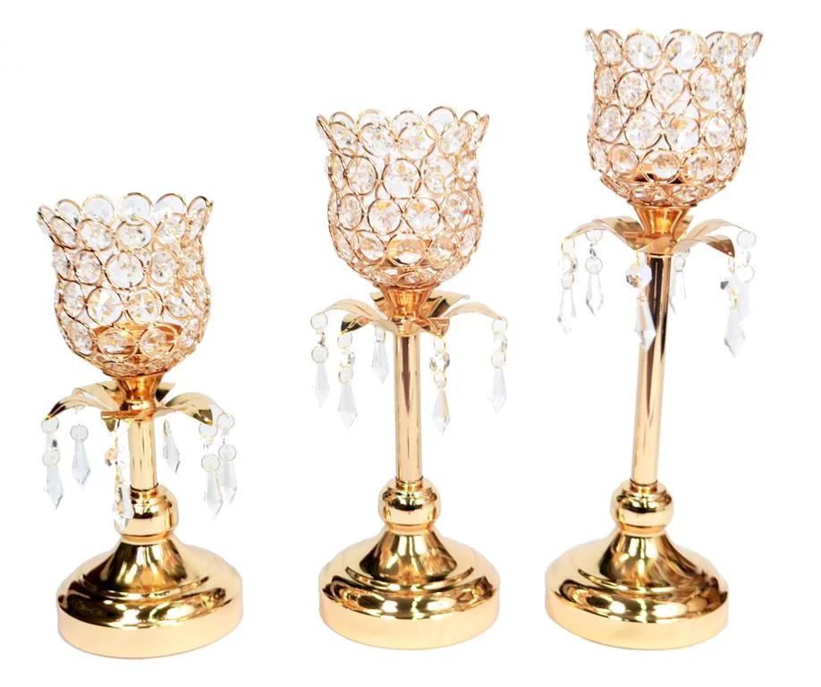 Set x 3 portavelas vidrio/METAL ORO. MEDIDAS: 26-31 Y 36 cm