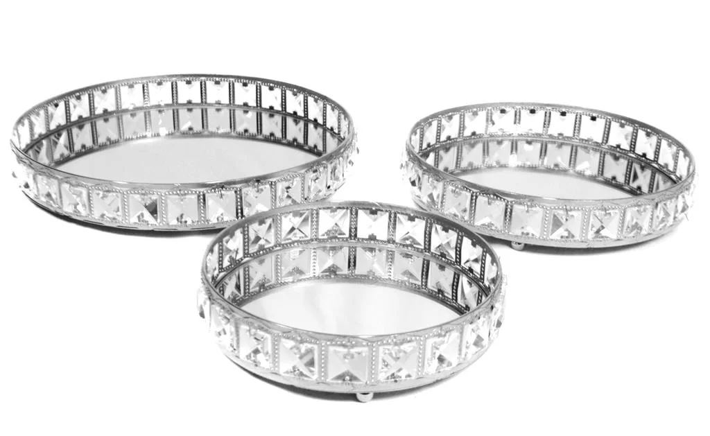 Set x 3 bandejas CIRCULARES PLATEADOS CON ESPEJO. medidas:20-25-30 cm