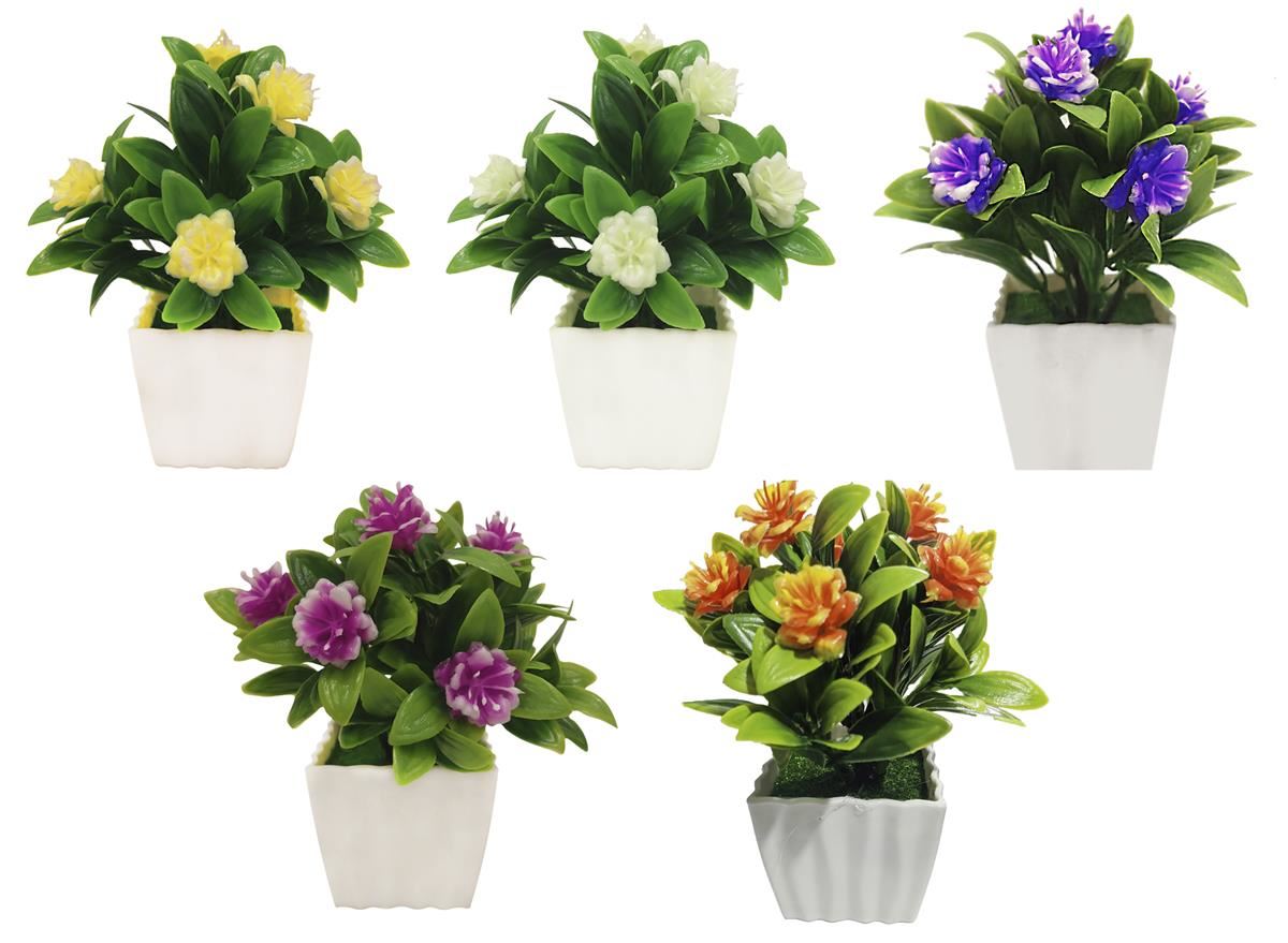MACETA CON FLORES 20CM. 5 COLORES: AMARILLO. NARANJA. LILA. VIOLETA. BLANCO